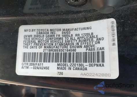 2003 Toyota Corolla Le z USA, uszkodzony, nr VIN 2T1BR38E83C164560